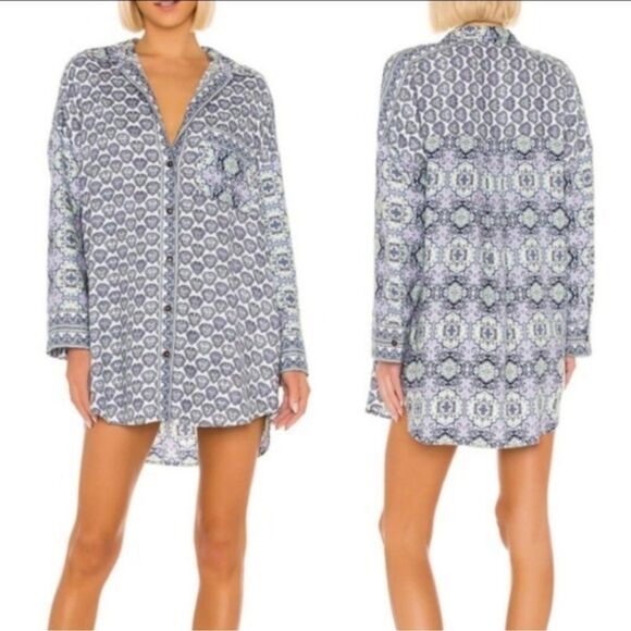 Free People Happy Holibabe Printed Long Sleeve Sleepshirt in Indigo Combo size M - Picture 6 of 16